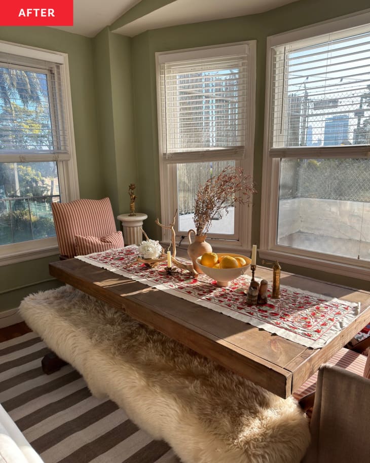 After: a dining table by bay windows with a long runner on it