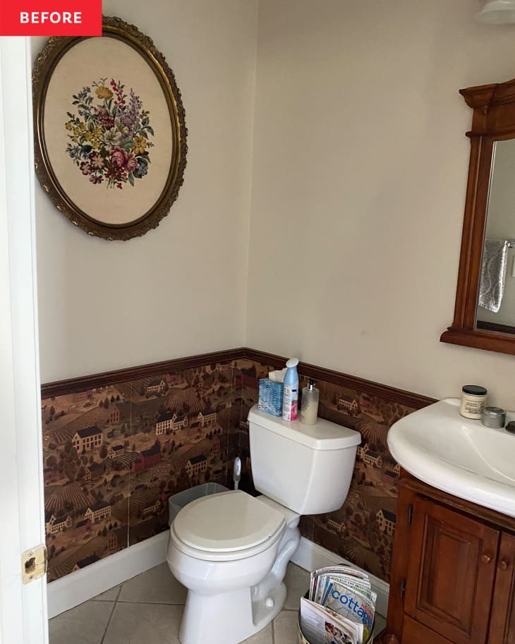 Bathroom with wallpaper wainscoting before renovation.