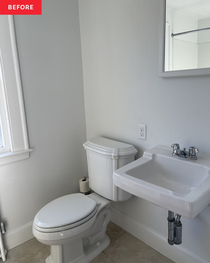bathroom before makeover. White and gray plain room