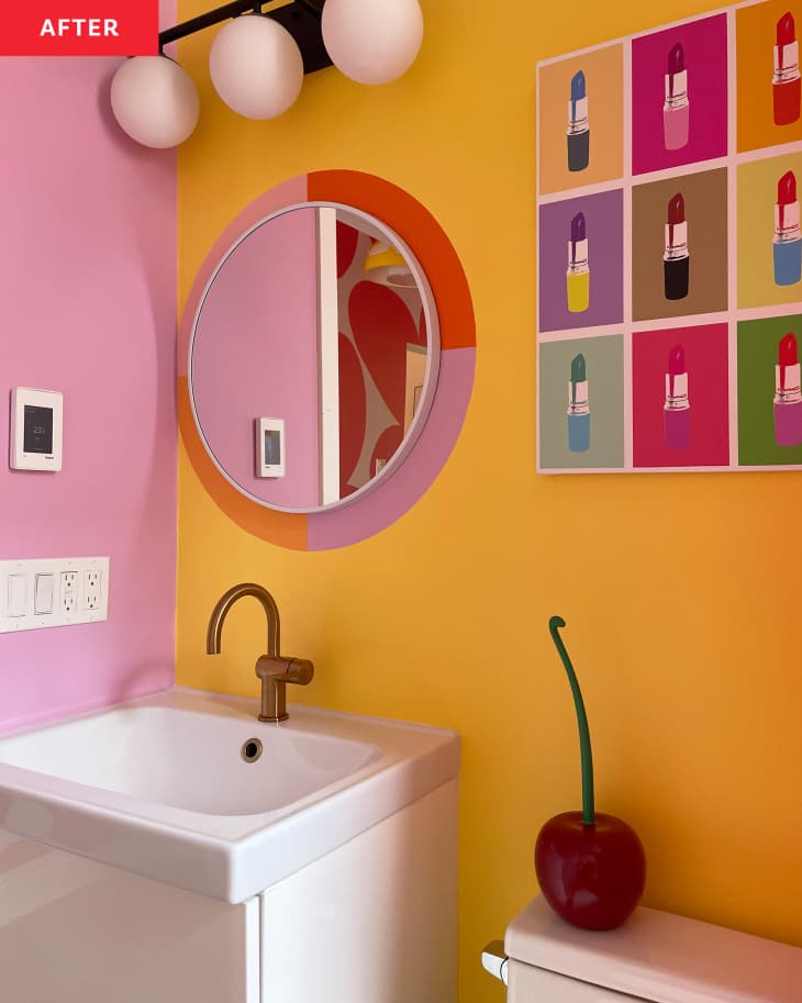浴室装修后:黄色和粉色的墙,colorful pop art style lipstick poster, round mirror with orange, lavender paint around it