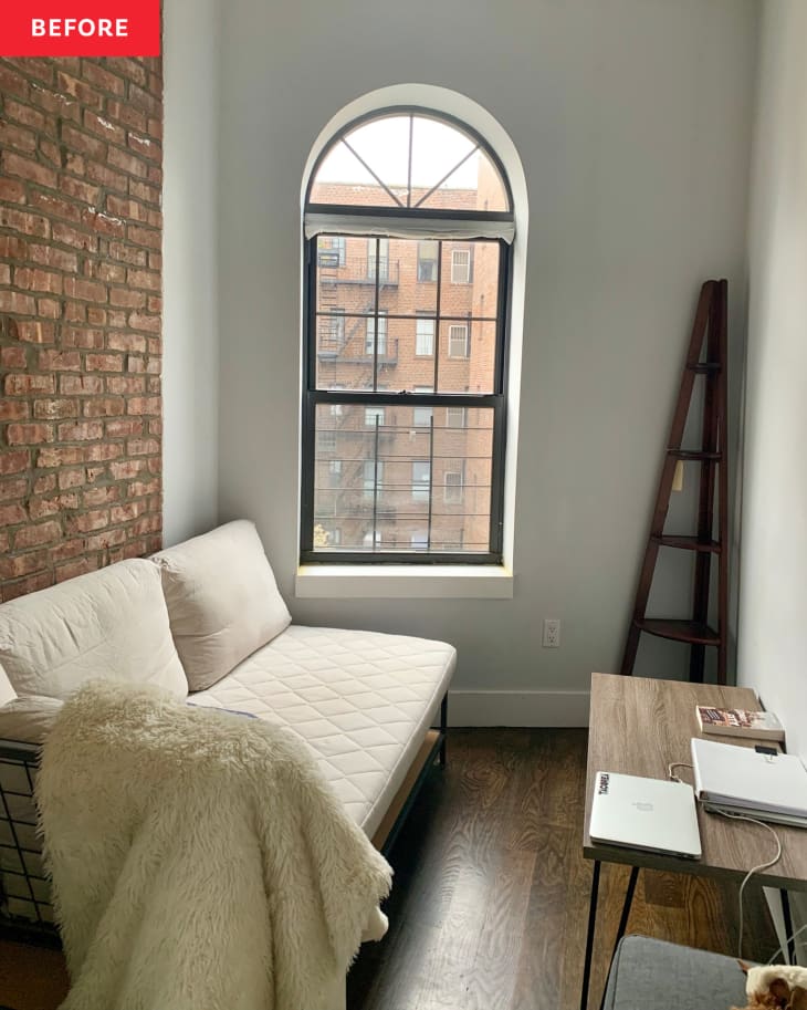 Before: a living room with a white couch and empty walls