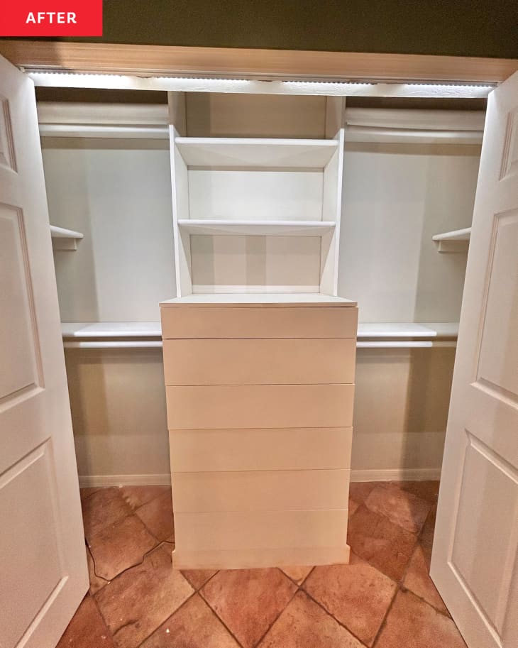 Built in drawers and closet organization unit installed in kids room closet after renovation.