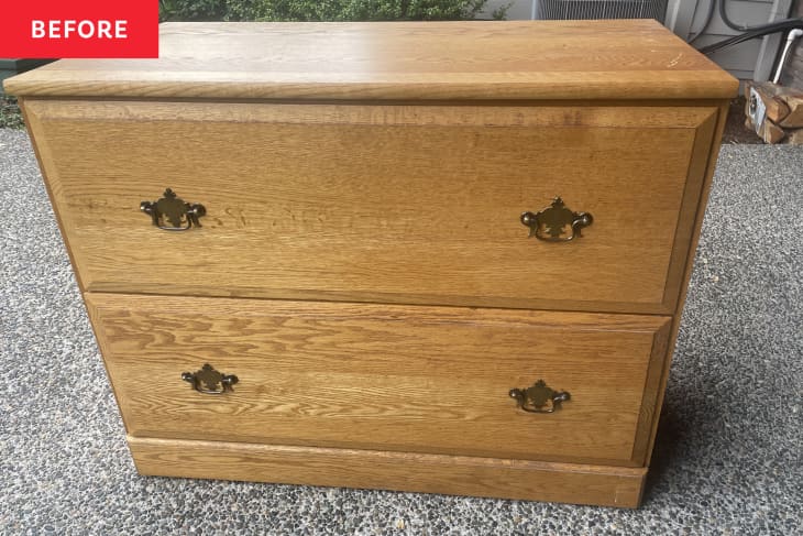 walnut brown wood dresser, older vintage metal handle pulls