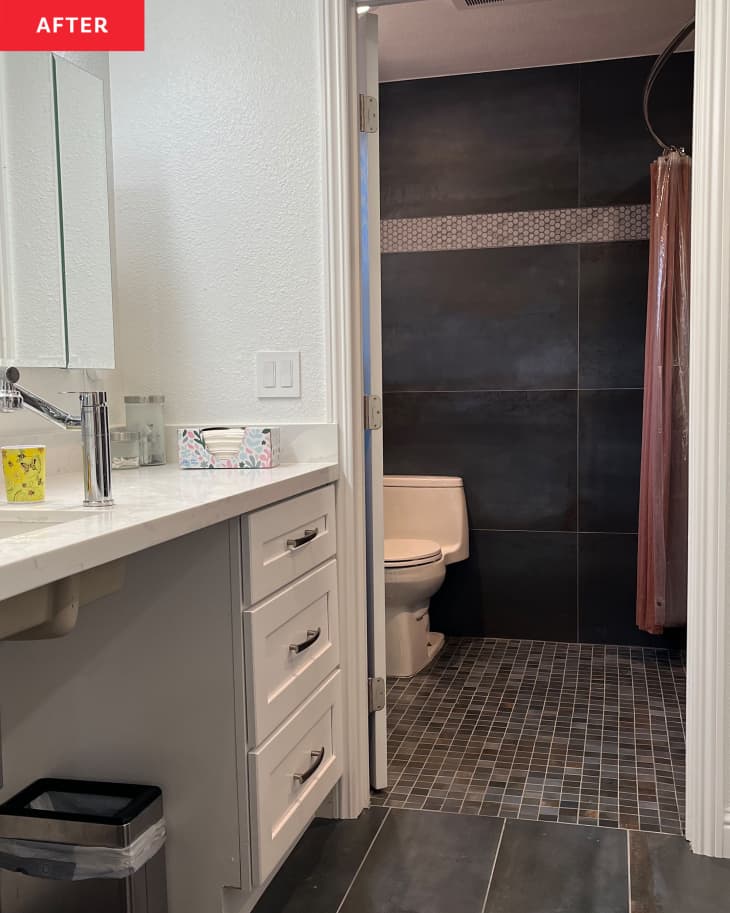 View into newly renovated bathroom with white vanity and dark tiled shower.