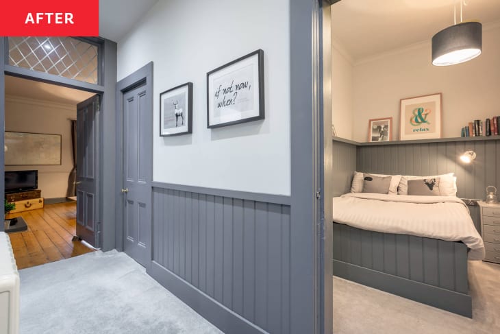 hallway and bedroom with blue paneling and white walls after makeover