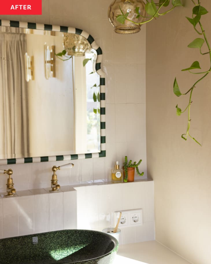 Plants hang from the ceiling above a sink area in a bathroom.