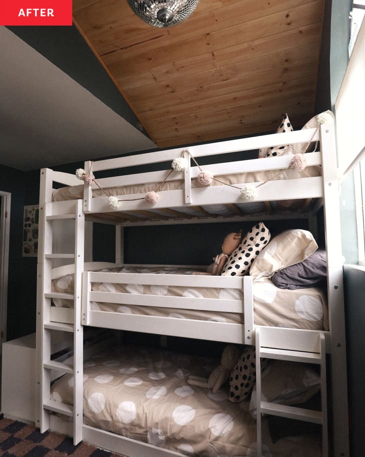 Stacked bunkbed in kid's bedroom.