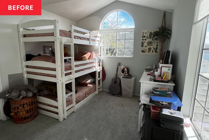 Bunkbeds stacked in shared kid's bedroom.