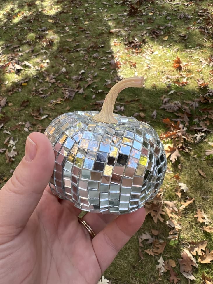 Holding a pumpkin covered in mirrored disco ball tiles, with some beige spots peeking through