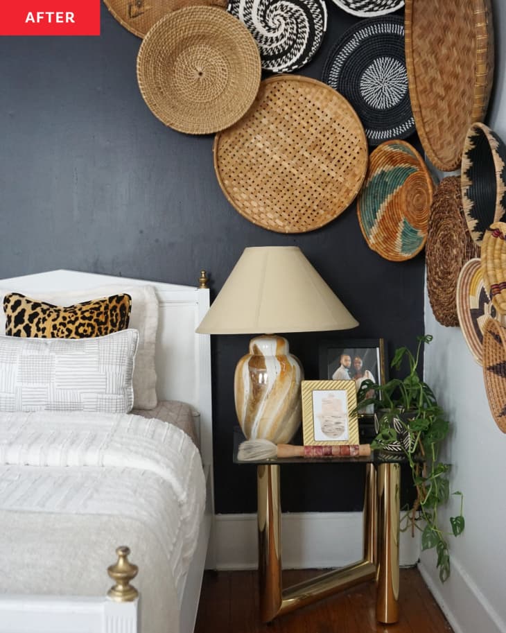 Basket wall in corner of bedroom