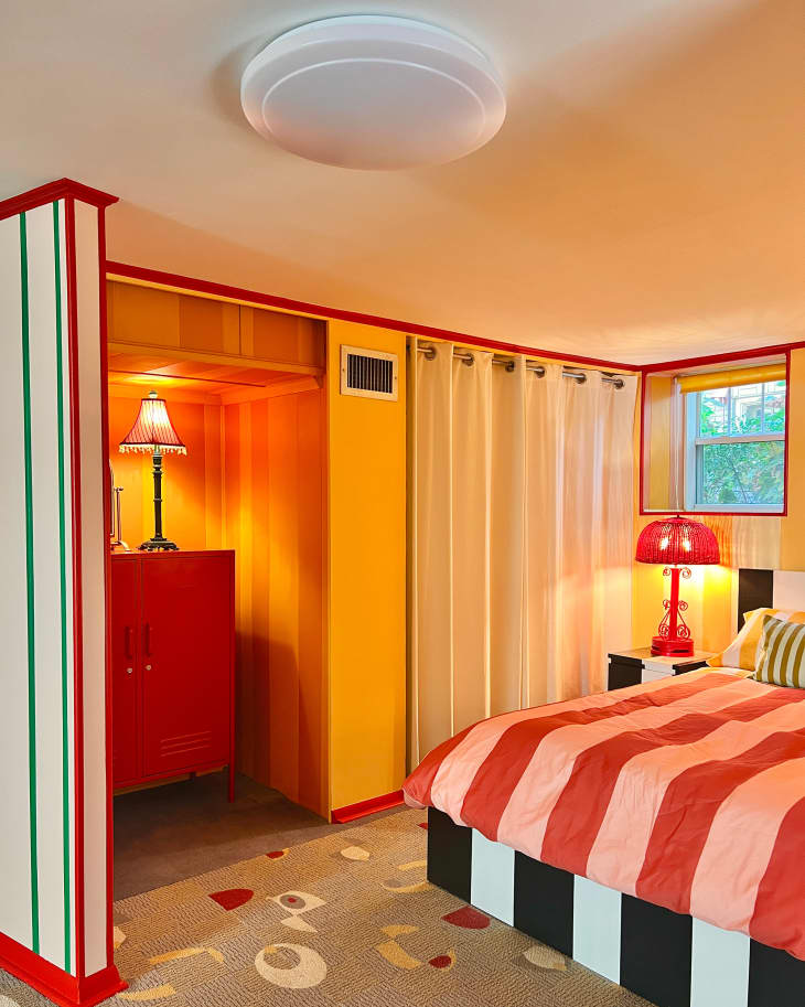 Colorful bedroom after remodel.