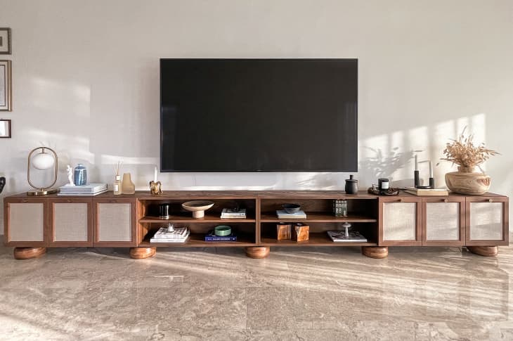 Media console created using Ikea Billy console and H&amp;M wooden bowls.