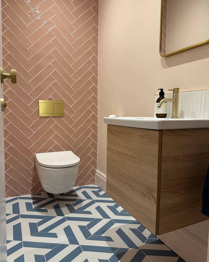 Colorful tile in newly remodeled bathroom.