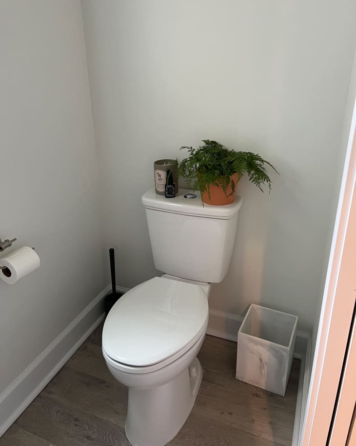 Toilet in bathroom before adding wallpaper.