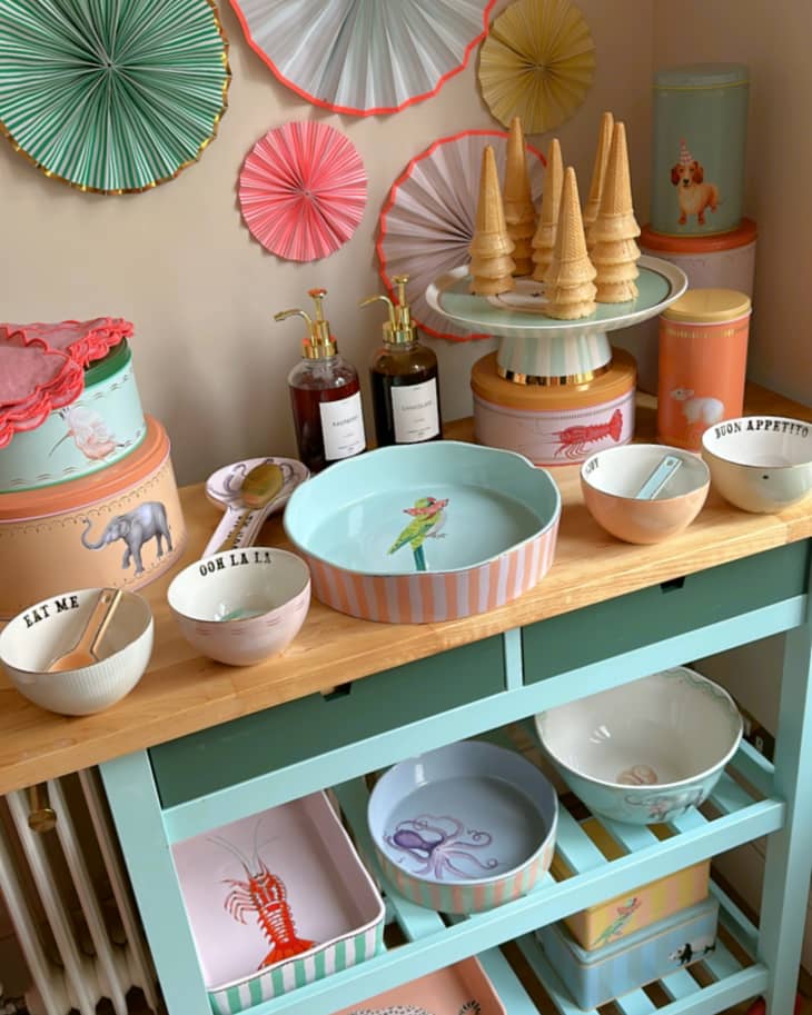 Blue painted Ikea kitchen cart decorated for a party.