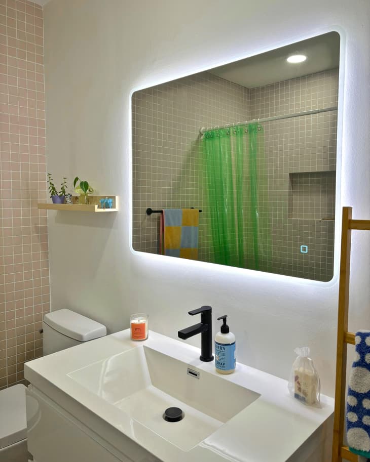 Colorful newly renovated bathroom.