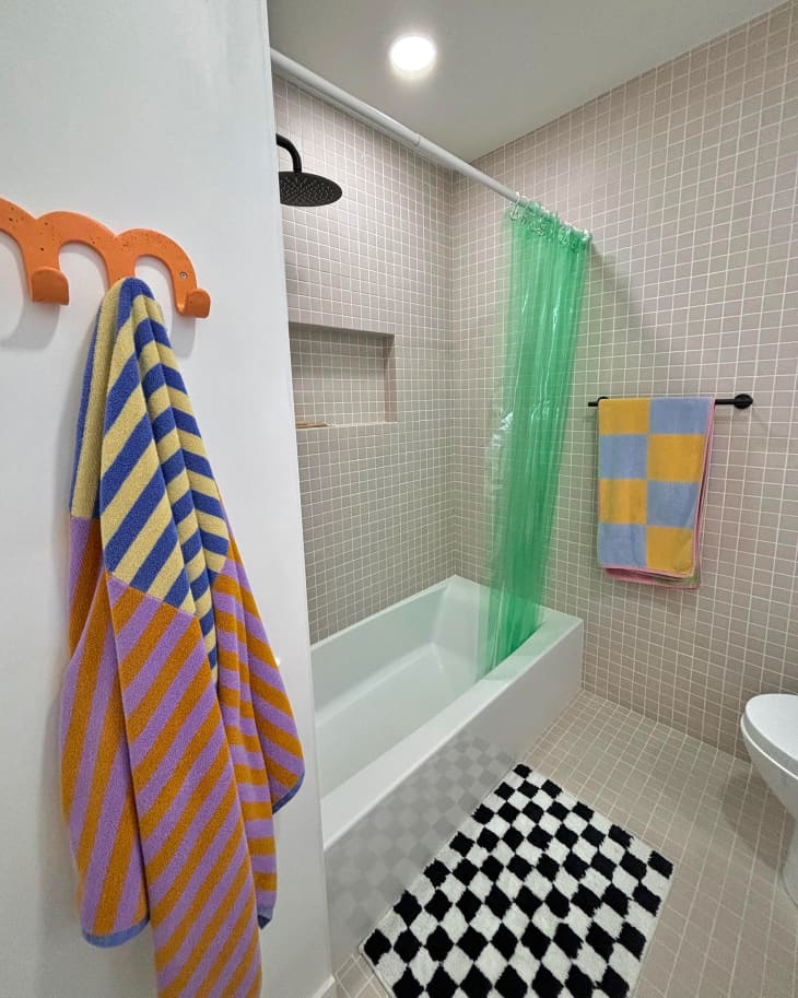 Colorful newly renovated bathroom.