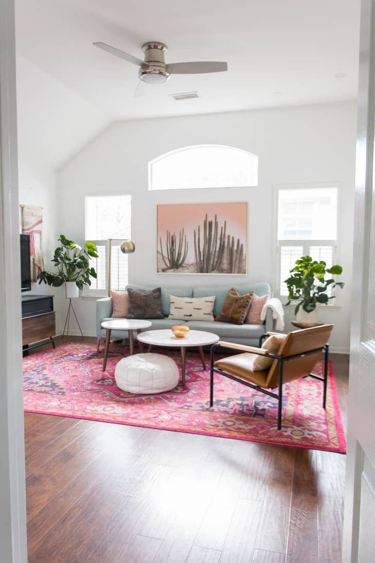 Living room with a trio of windows, large area rug, pale blue sofa with throws, and pink-colored photo of cacti
