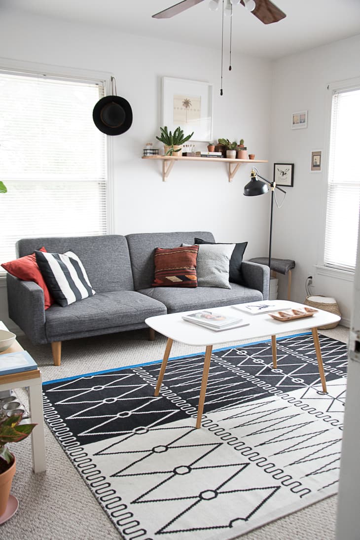 Small living room with geometric print rug