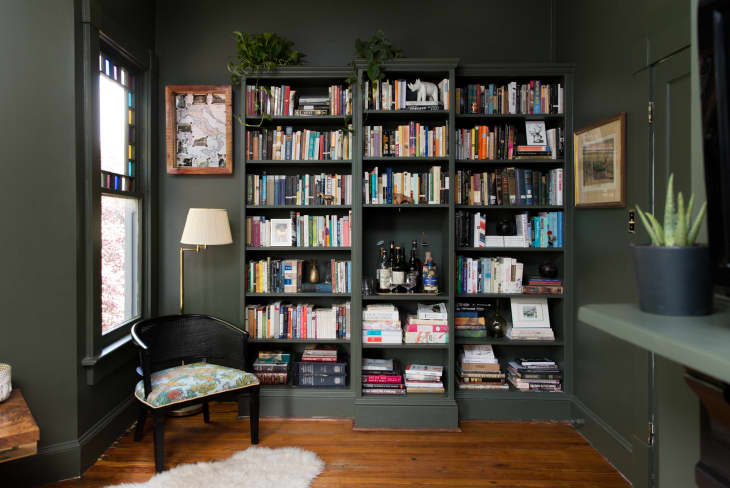 Green living room with a wall covered with bookcases