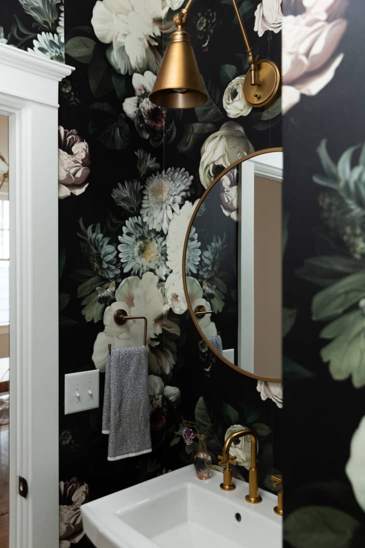 Half bath with oversized floral wallpaper