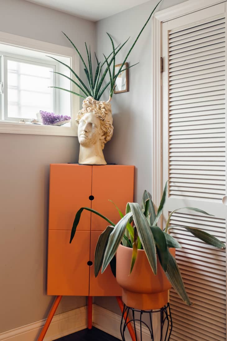 Large modern red orange corner cabinet has a white bust planter on top of it, with a terracotta planter on a plant stand next to it.