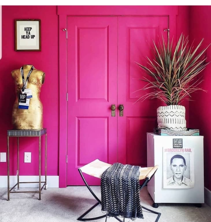 Magenta pink painted wall and double closet doors