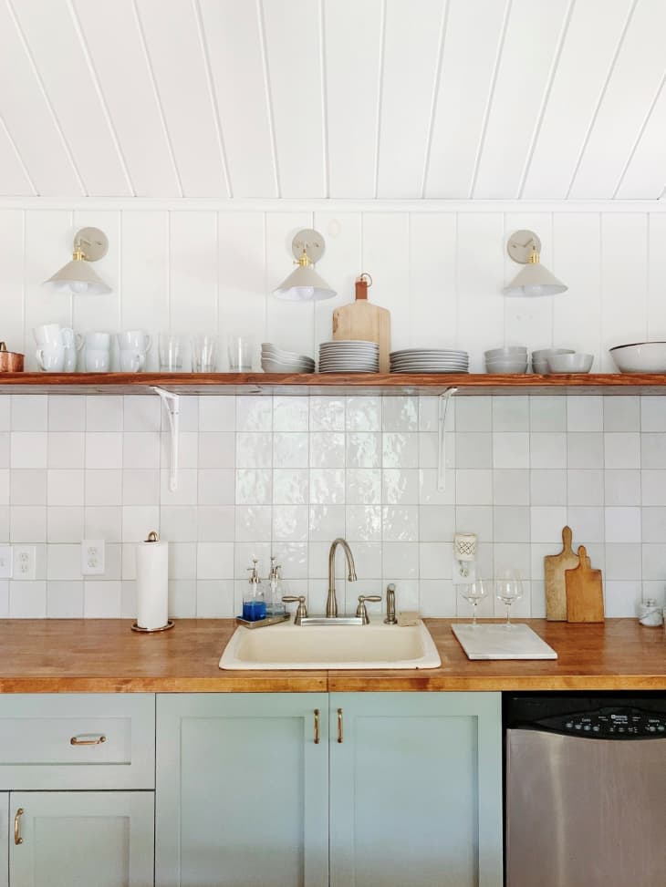 Cabin kitchen with Semihandmade shaker cabinet fronts and Farrow and Ball paint in Pigeon