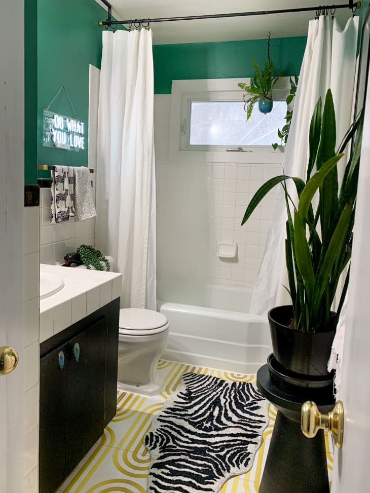 Bathroom with green walls and zebra rug