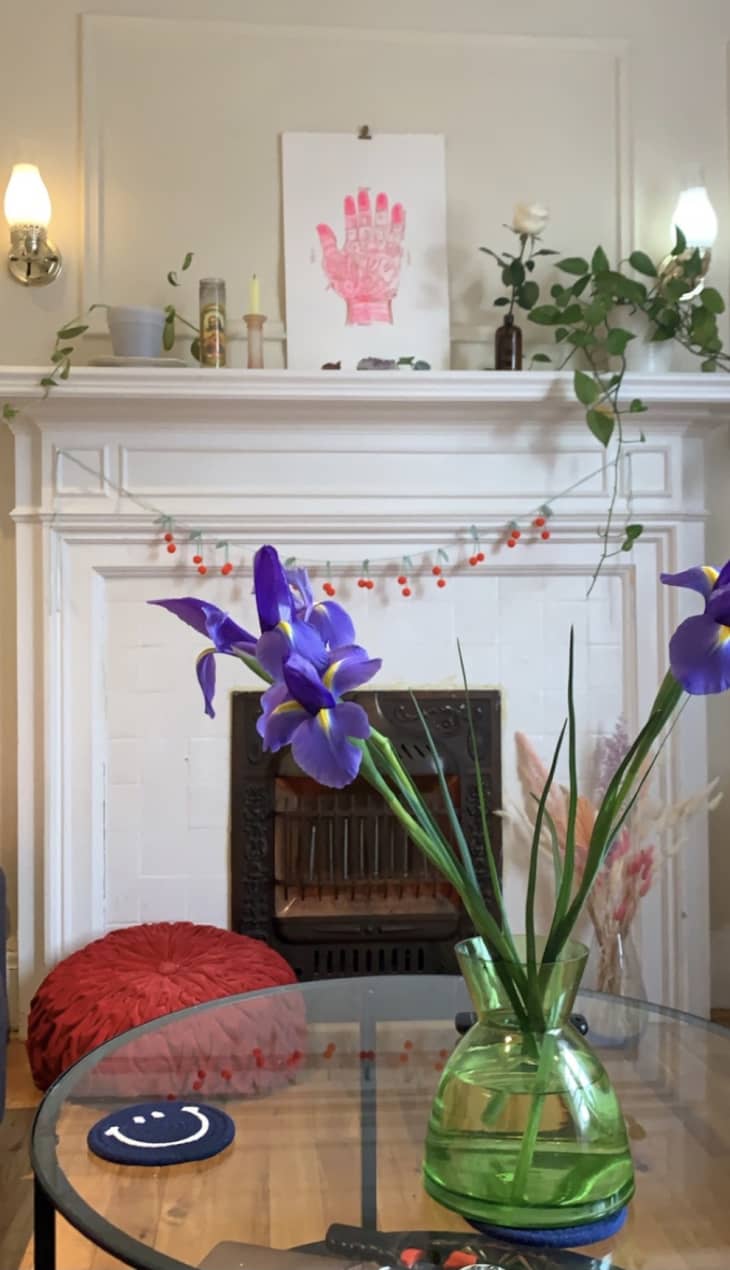 Iris in vase on coffee table in front of fireplace