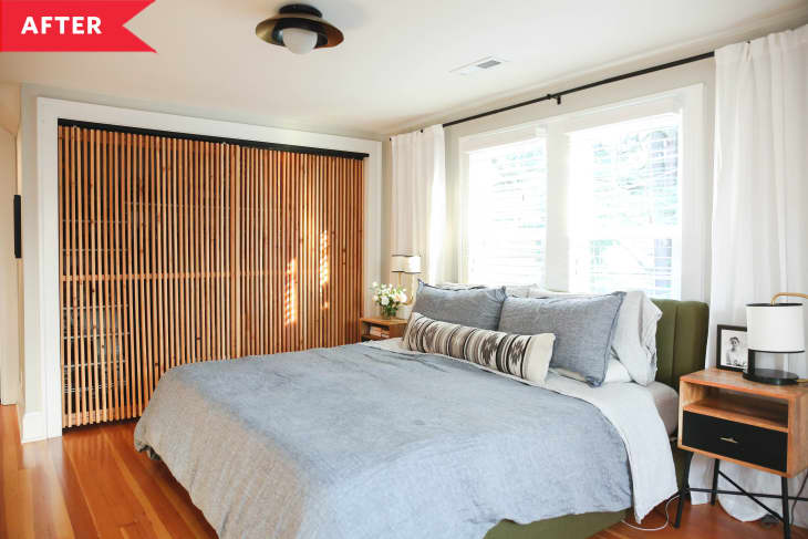 After: Bright bedroom with wood slats covering closet
