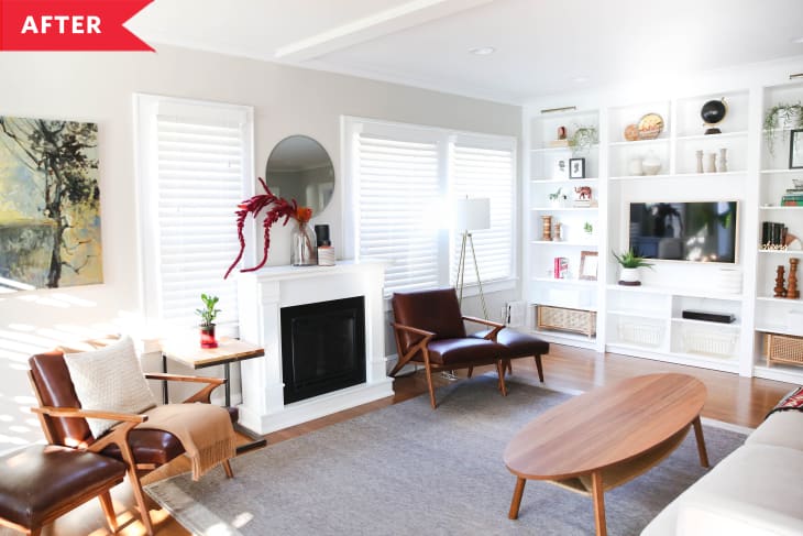 After: Bright and white living room with built-in shelving and mid-century modern furniture