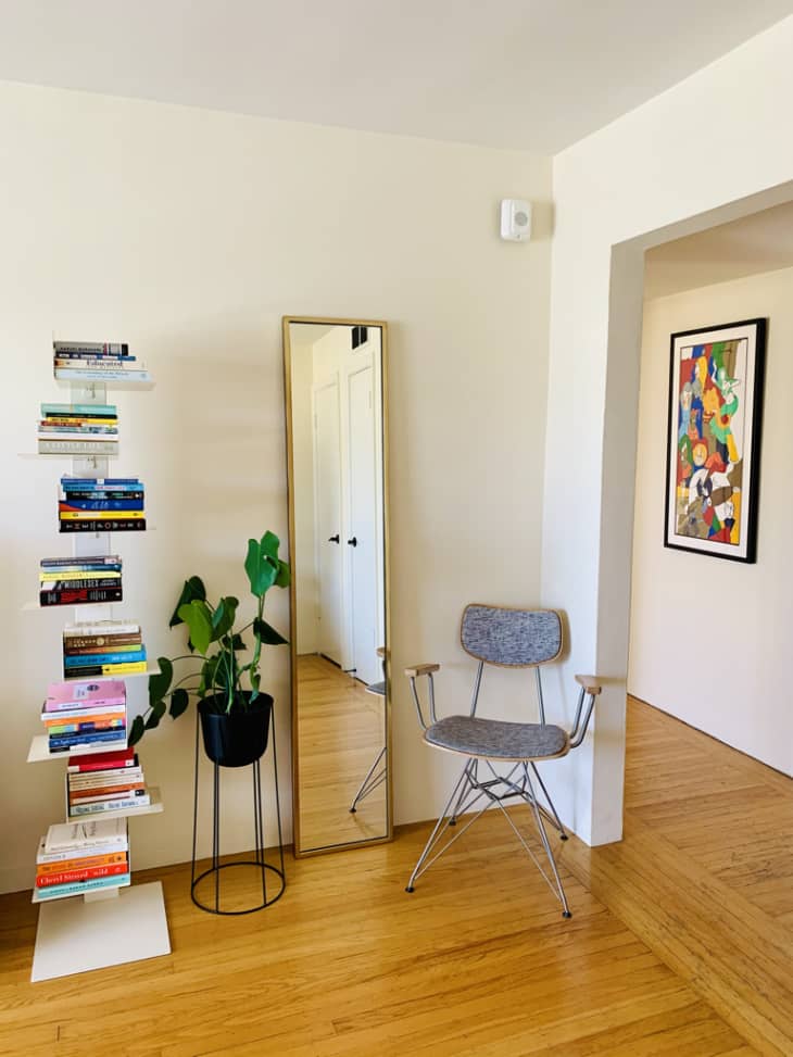 Chair, floor length mirror, plant, and tall bookshelf in corner