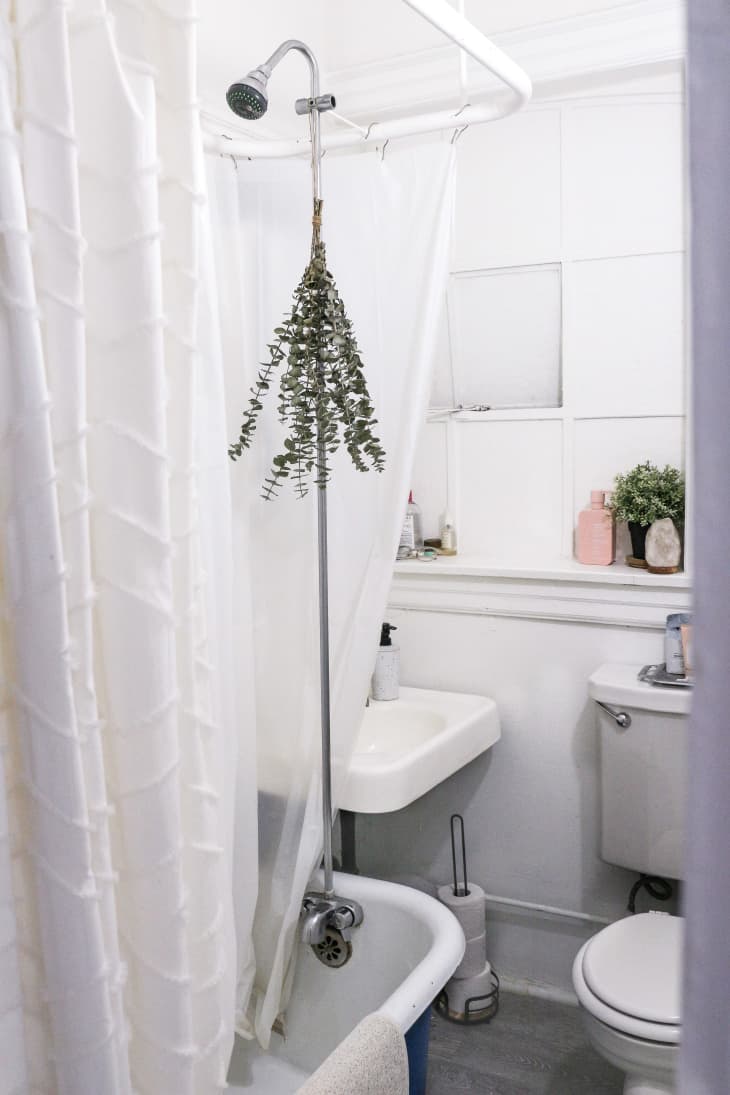 White bathroom with eucalyptus in the shower