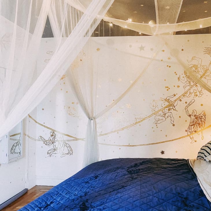 View of canopy and starry mural from bed