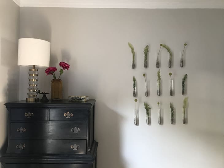 Plant propagation tubes on wall next to antique dresser in corner