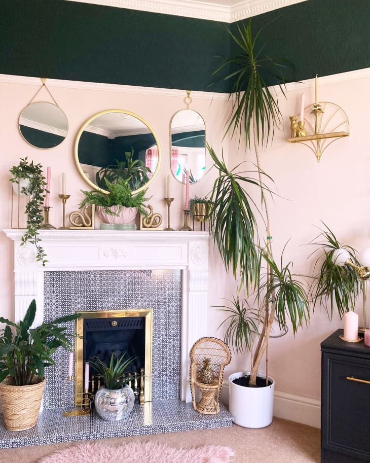 Fireplace surrounded by mirrors and plants