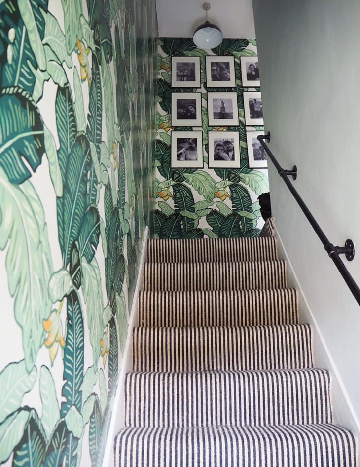 Stairwell with striped carpeting on steps and palm leaf wallpaper