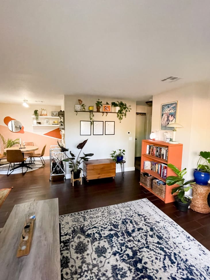 Living room with vintage-looking rug and orange shelf