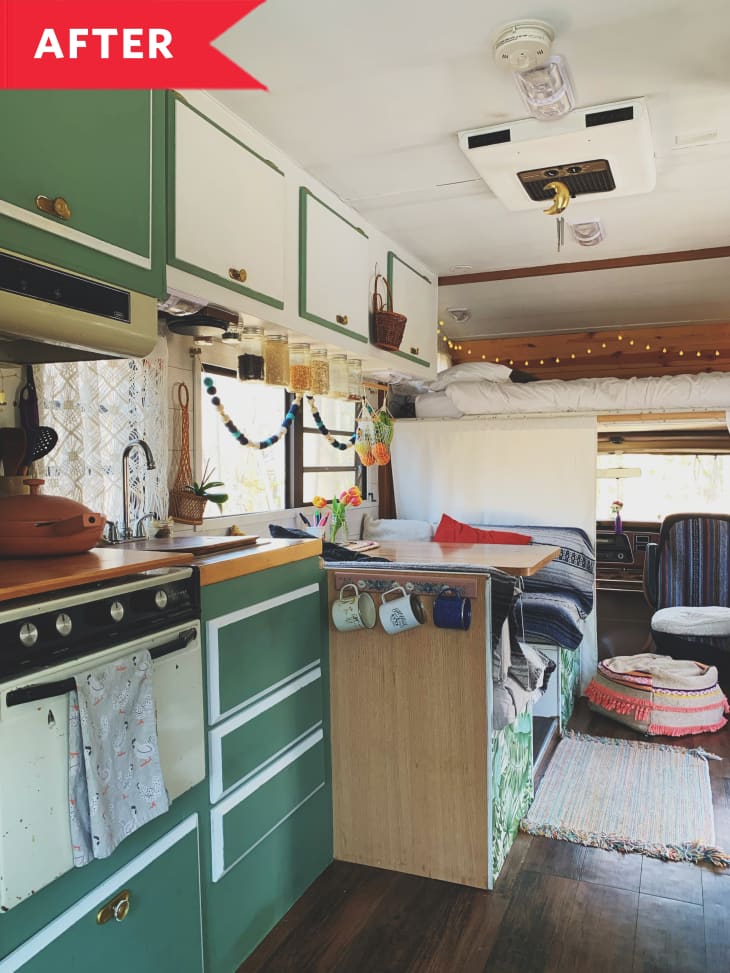 After: Charming RV kitchen area with green cabinets