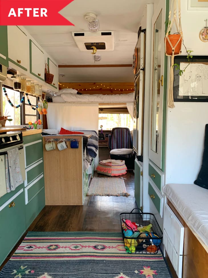 After: Charming RV kitchen area with green cabinets