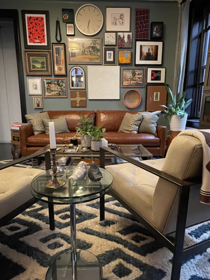 Maximalist living room with diamond-pattern rug