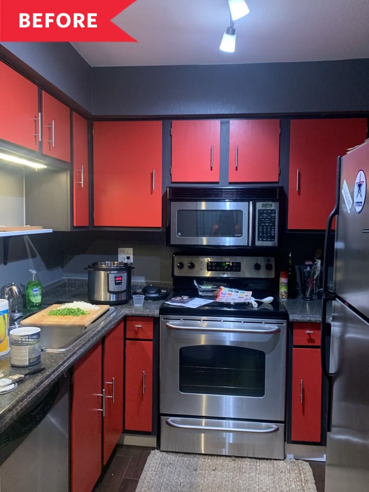 Before: kitchen with red cabinets