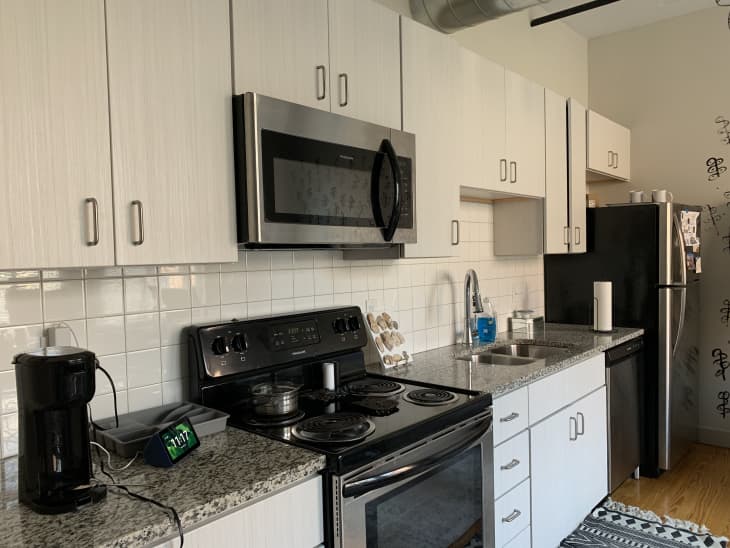 Black and white apartment kitchen
