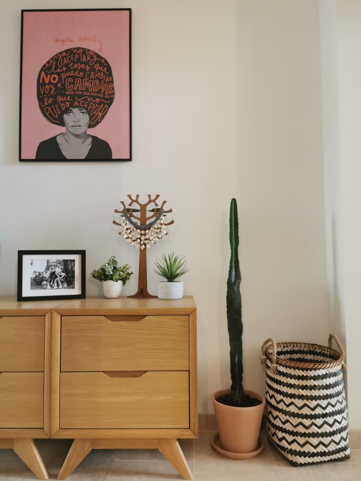 Mid-century style credenza with cactus and basket next to it and portrait artwork hanging above