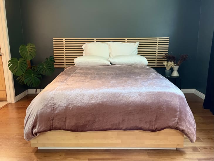Bed with pink crushed velvet cover
