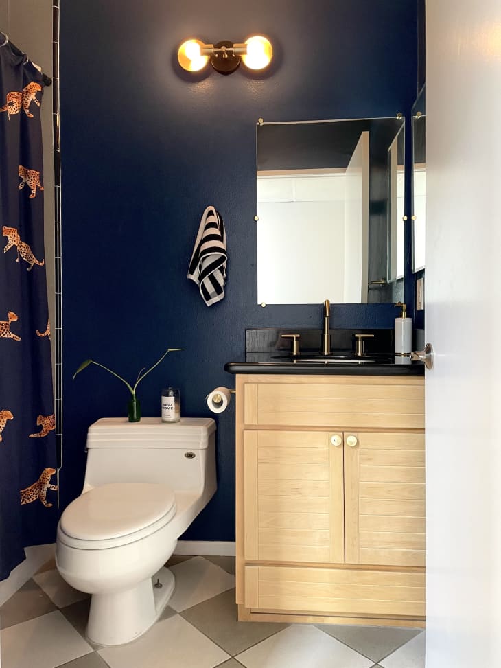 Bathroom with dark walls and shower curtain with cheetahs on it