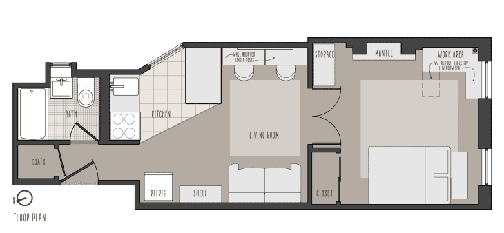 Computer created floor plan of a 330-square-foot NYC rental apartment