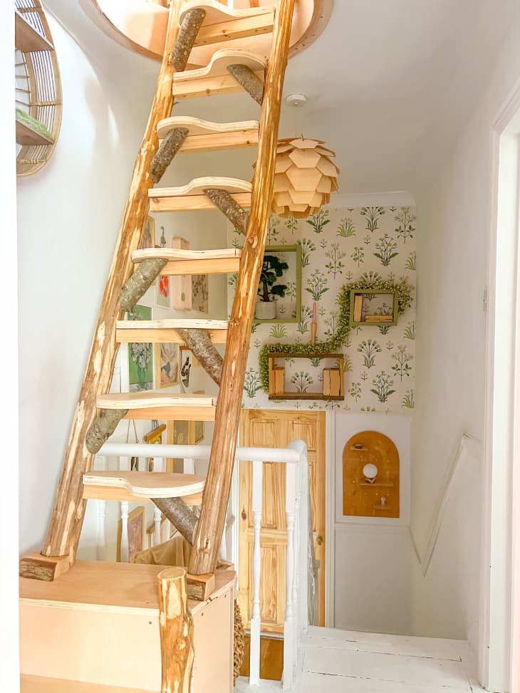 Cottage-core hallway with a tree-branch shaped ladder to an attic