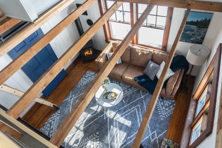 Birds eye view of living room through wooden structure